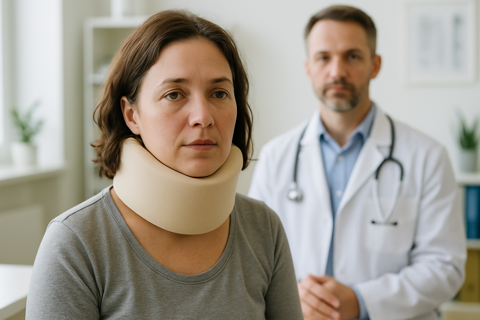Neck injury with a cervical collar after a car accident