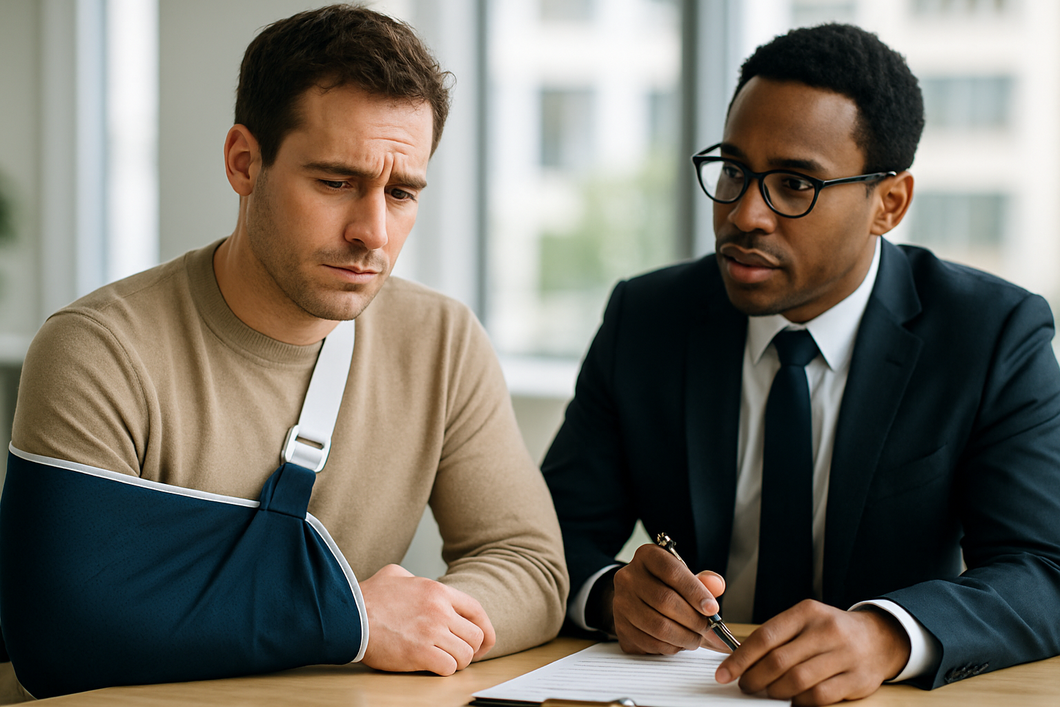 Injured driver talking with a lawyer