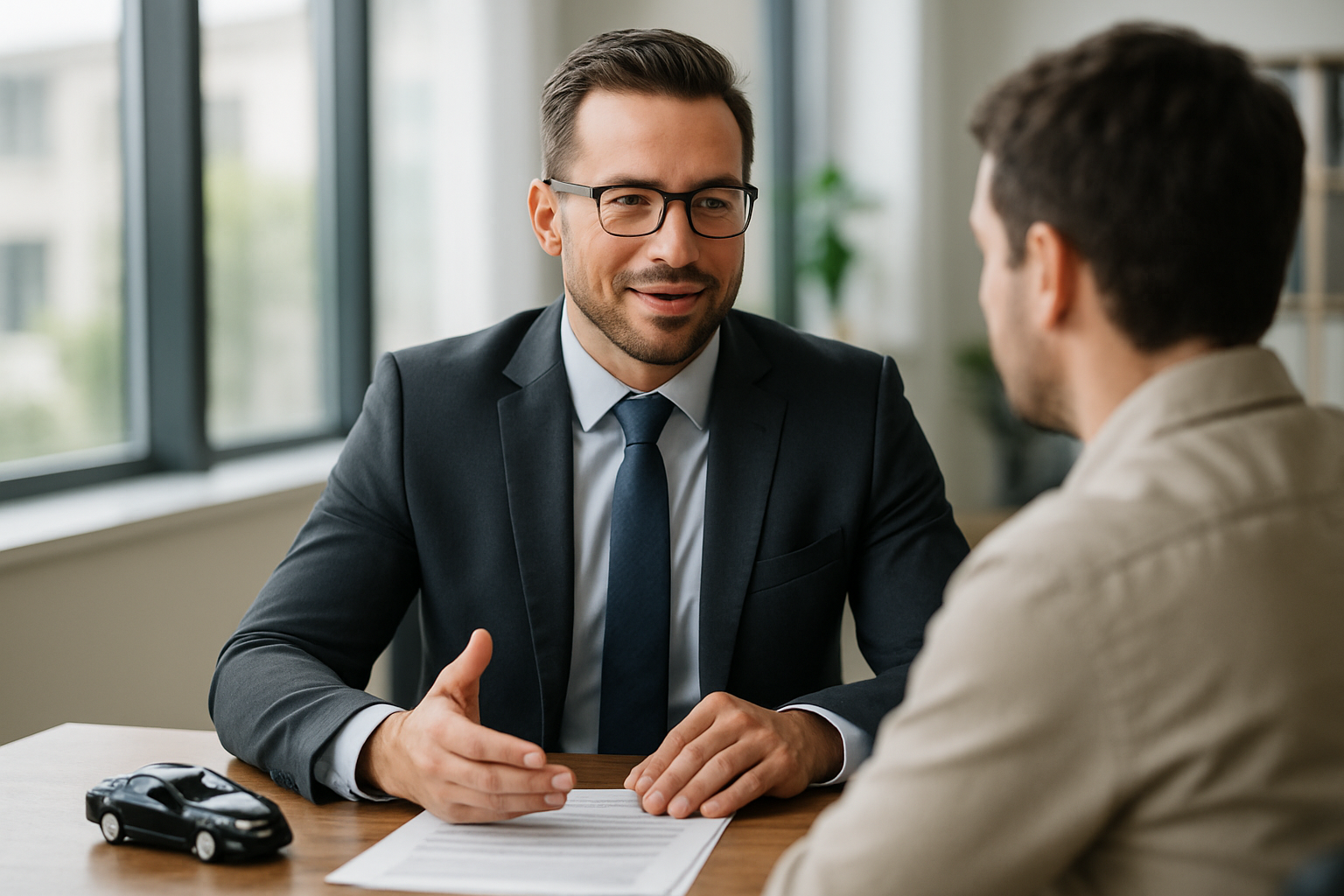 A car accident lawyer meeting a client in a professional office