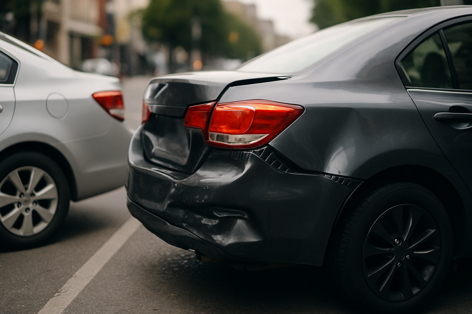Two cars after a rear-end collision on a city street