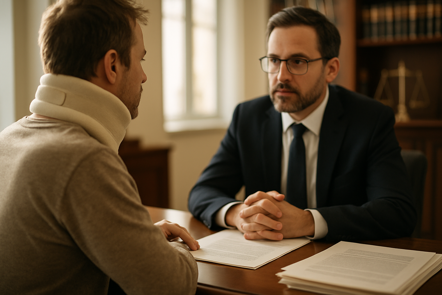 Whiplash victim consulting a rear-end collision lawyer