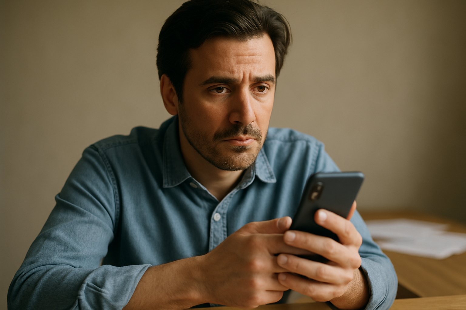 Person on the phone thinking carefully