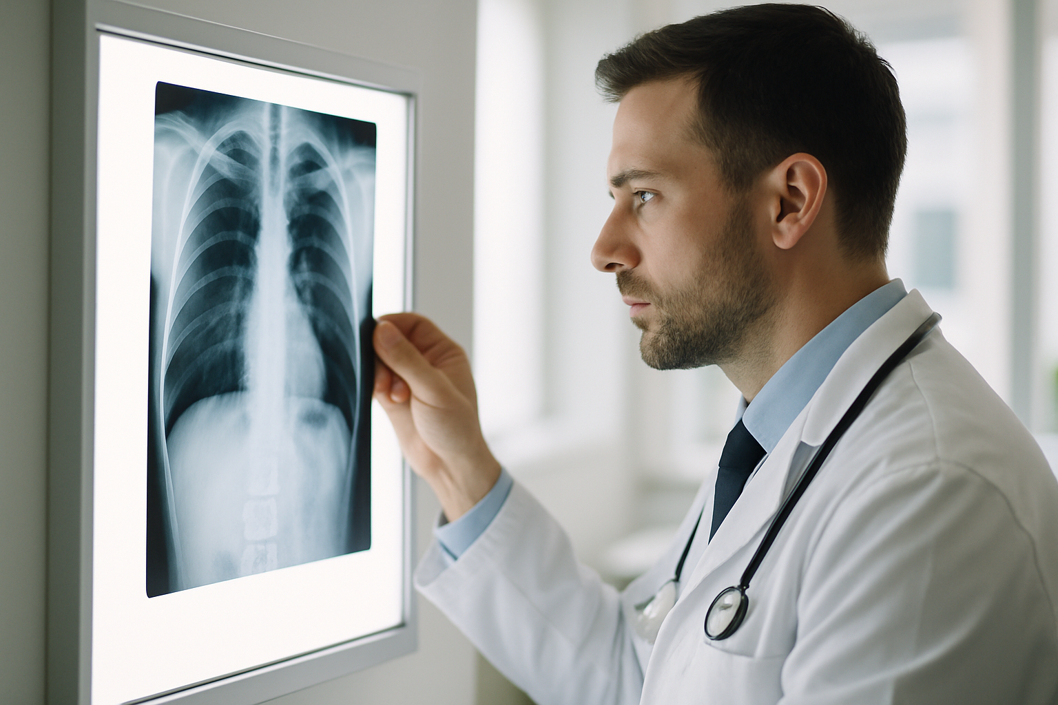 Doctor reviewing a chest X-ray for rib fractures