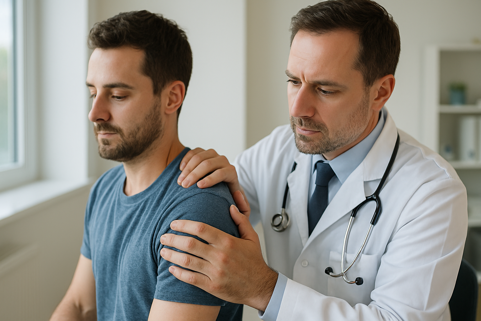 Doctor examining a shoulder injury after a car accident