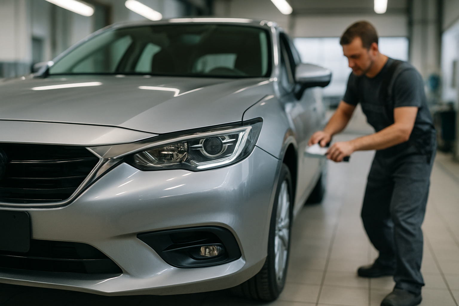 A car being repaired in an auto body shop