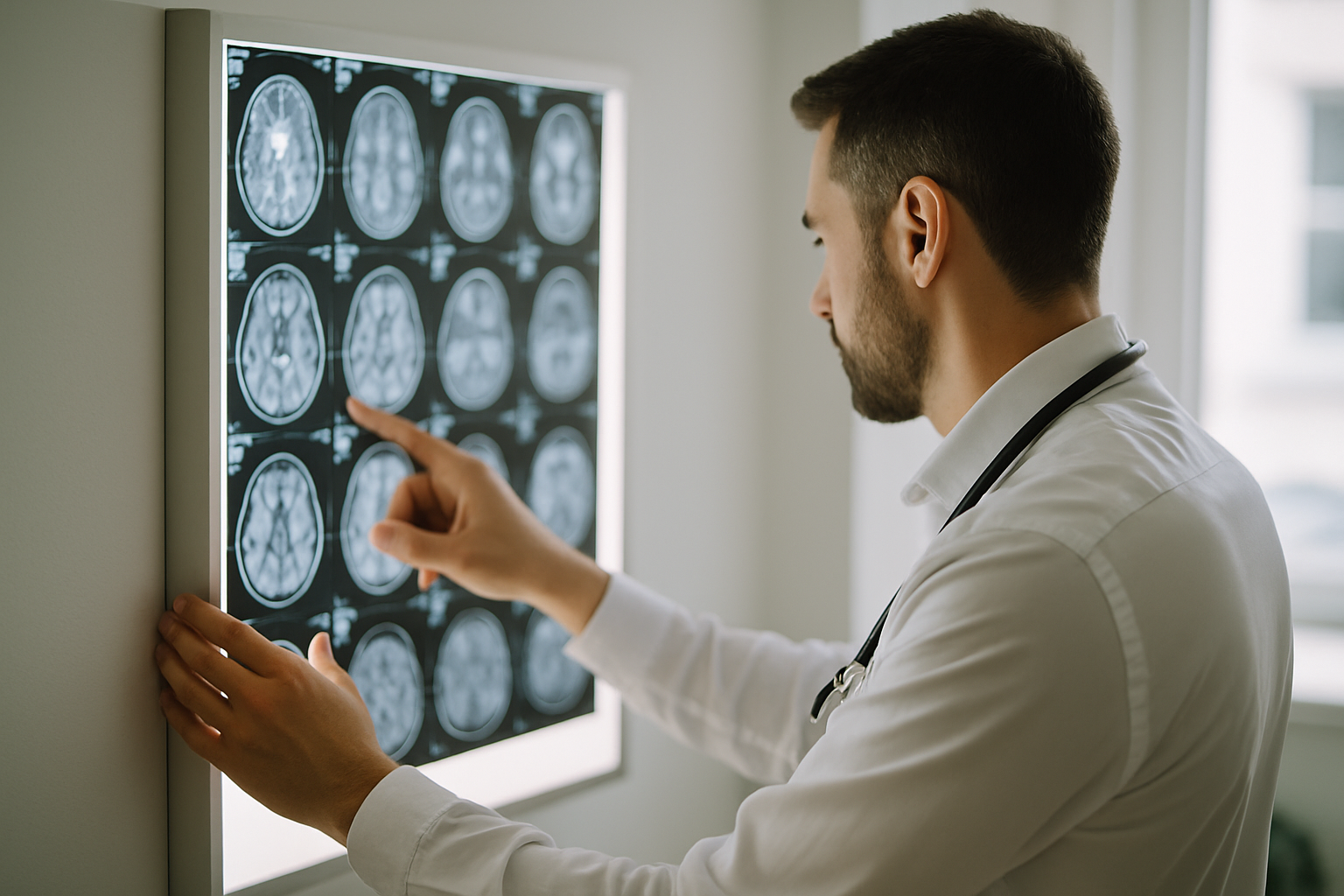 Doctor reviewing brain scans for a traumatic brain injury
