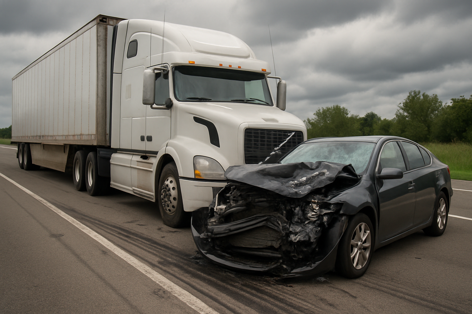Semi truck and car after a highway collision