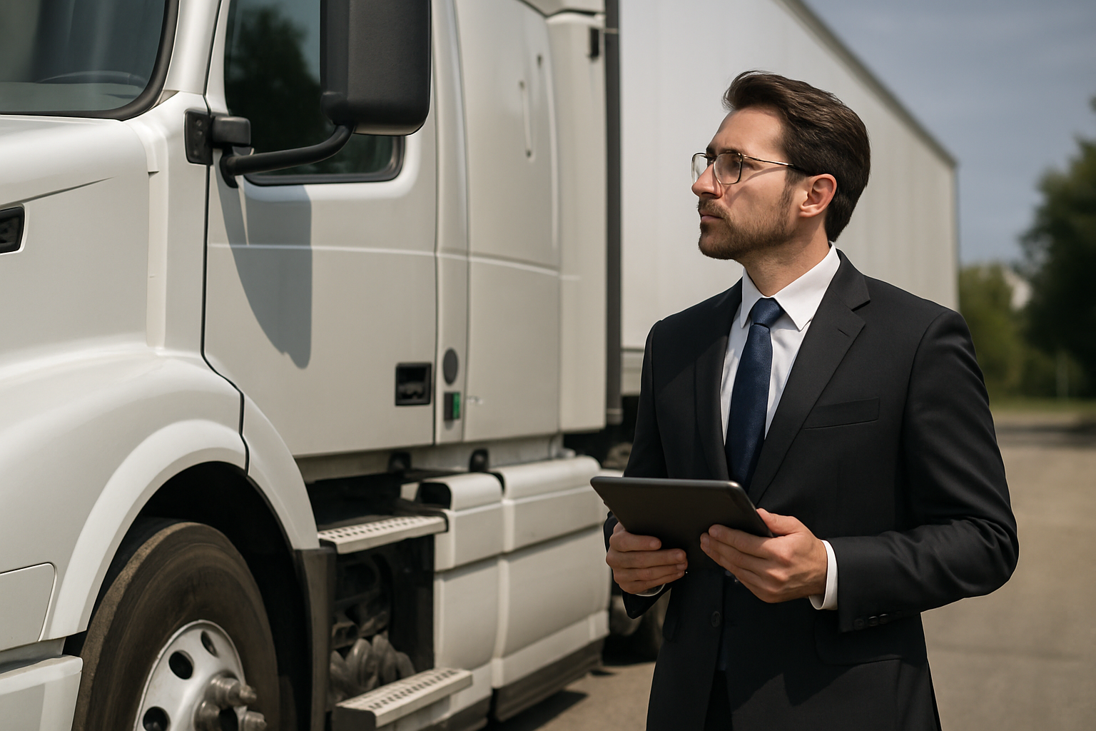 Local truck accident lawyer inspecting a semi truck