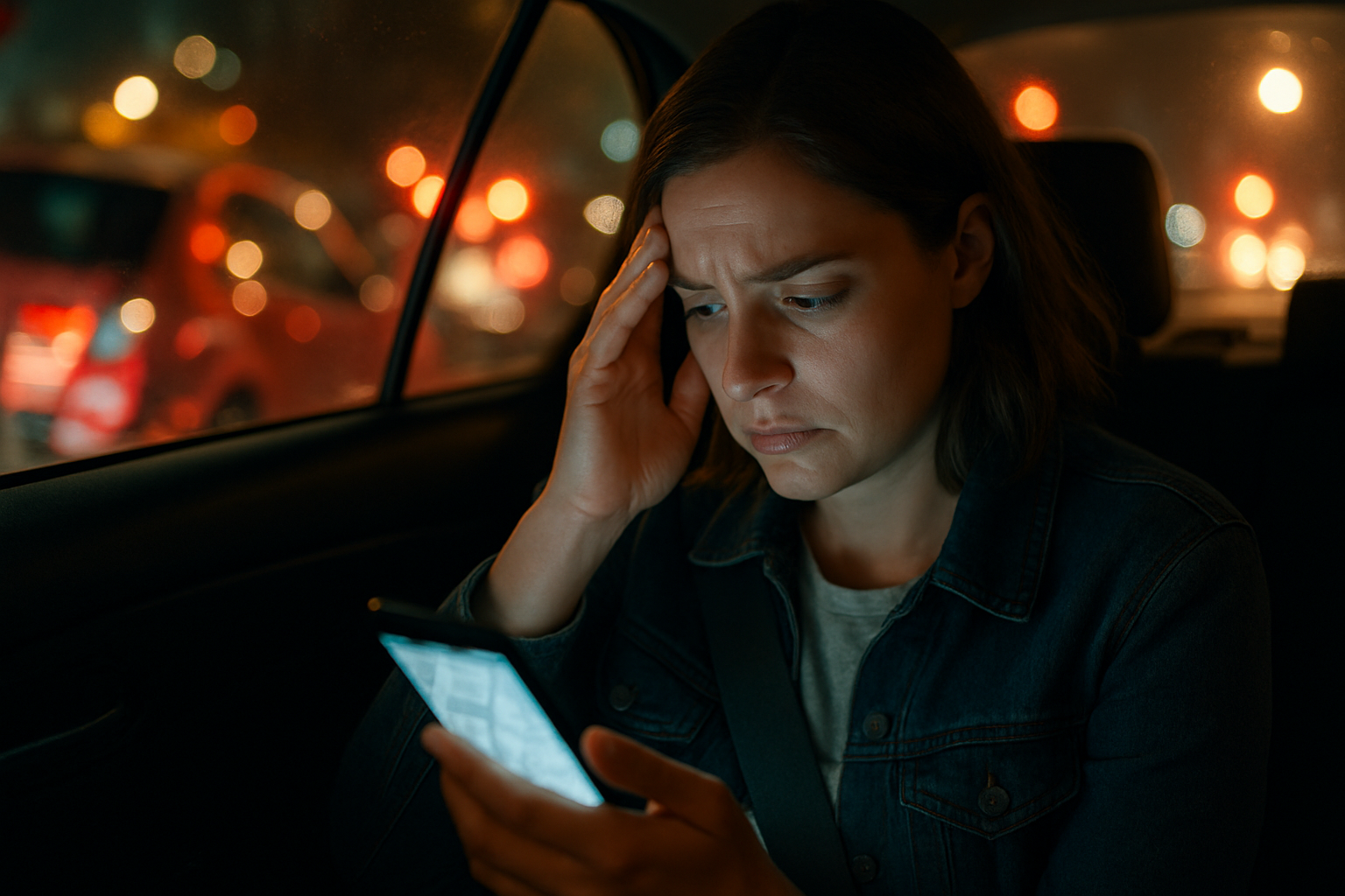 Rideshare passenger checking a phone after an Uber accident at night