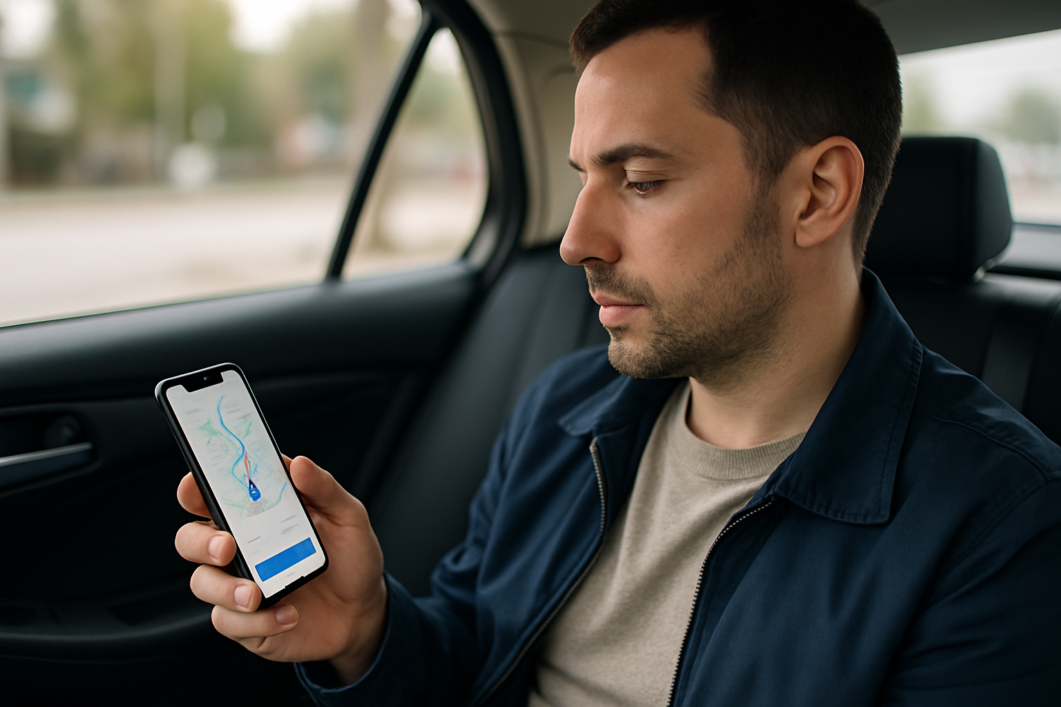 A person using a rideshare app in a car