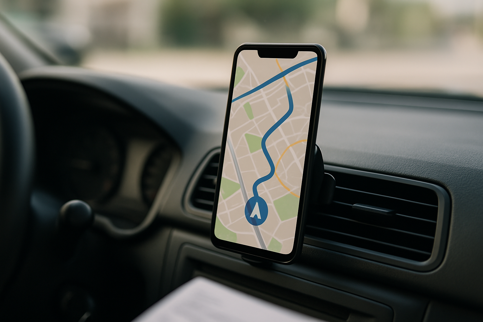 A smartphone showing a map in a car