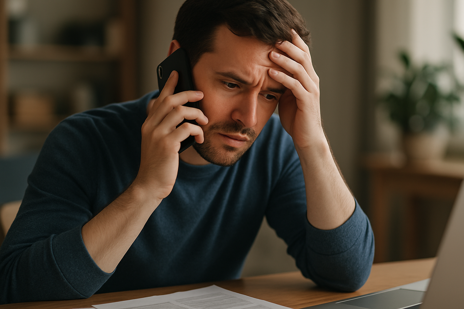 Person reviewing an insurance denial with concern at a desk