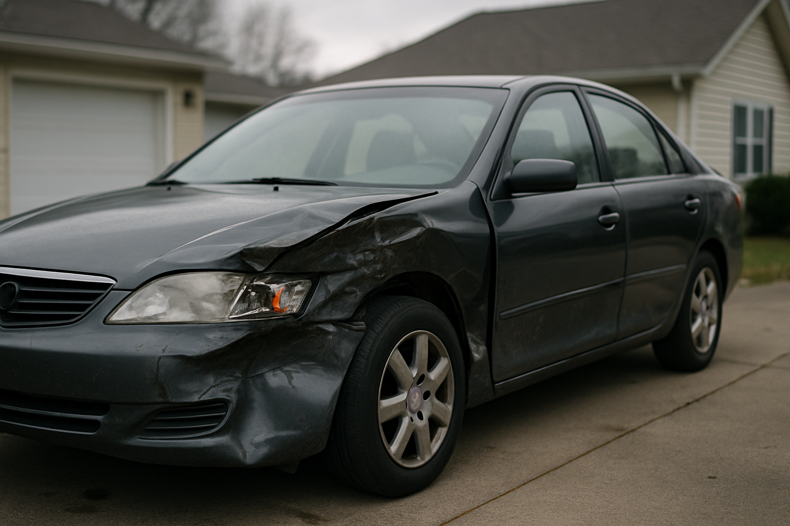 Damaged car in a driveway